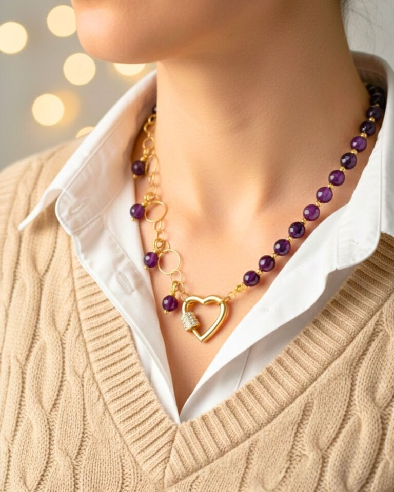 Zeren Ametist Doğal Taş Tasarım Kolye (925 Ayar Gümüş Üzeri 14K Altın Kaplama)