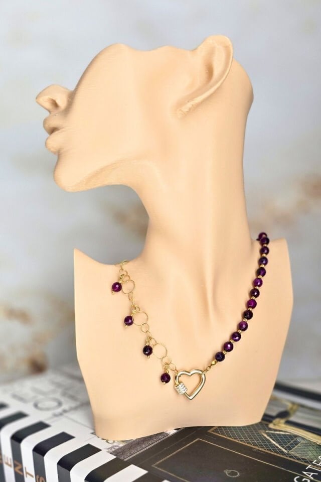 Zeren Ametist Doğal Taş Tasarım Kolye (925 Ayar Gümüş Üzeri 14K Altın Kaplama)