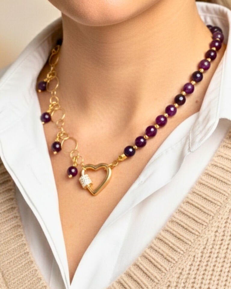 Zeren Ametist Doğal Taş Tasarım Kolye (925 Ayar Gümüş Üzeri 14K Altın Kaplama)