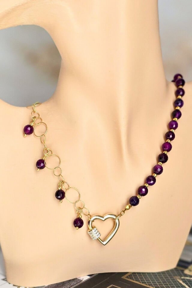 Zeren Ametist Doğal Taş Tasarım Kolye (925 Ayar Gümüş Üzeri 14K Altın Kaplama)