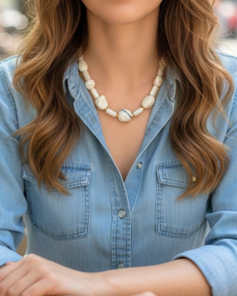 Selen Sedef Doğal Taş Tasarım Kolye (925 Ayar Gümüş Üzeri 14K Altın Kaplama)