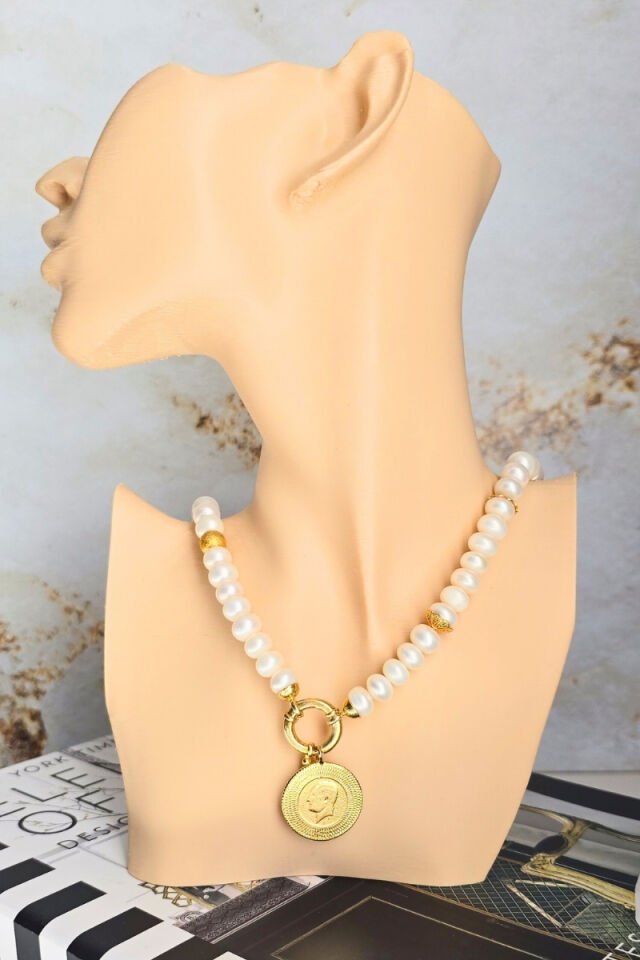 Majori Rondela İnci Doğal Taş Tasarım Kolye (925 Ayar Gümüş Üzeri 14K Altın Kaplama)