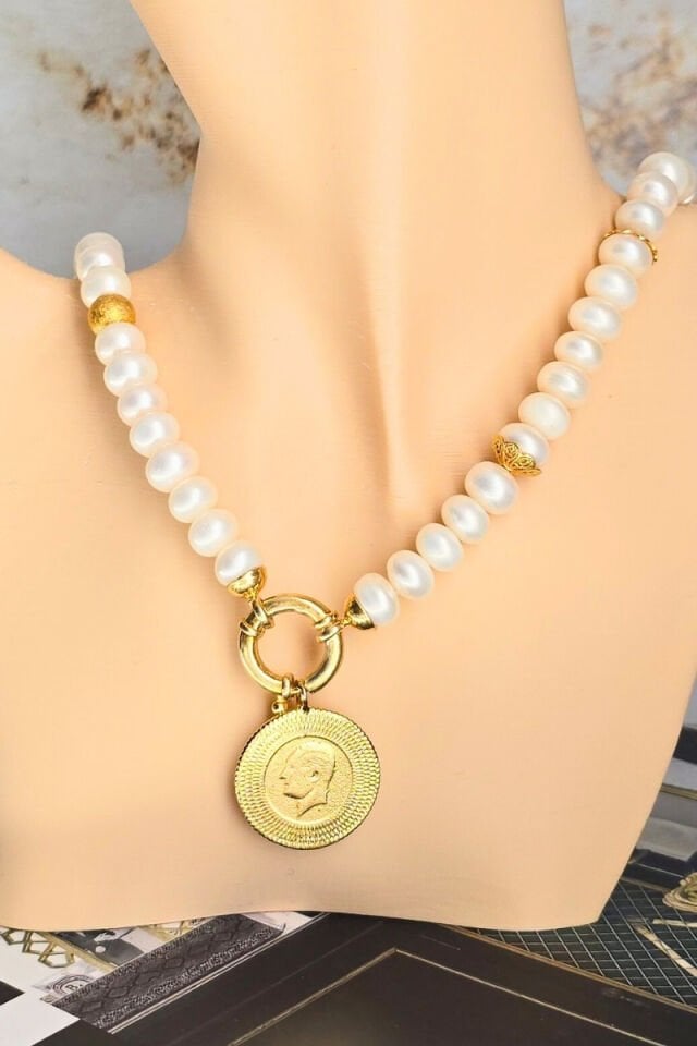 Majori Rondela İnci Doğal Taş Tasarım Kolye (925 Ayar Gümüş Üzeri 14K Altın Kaplama)