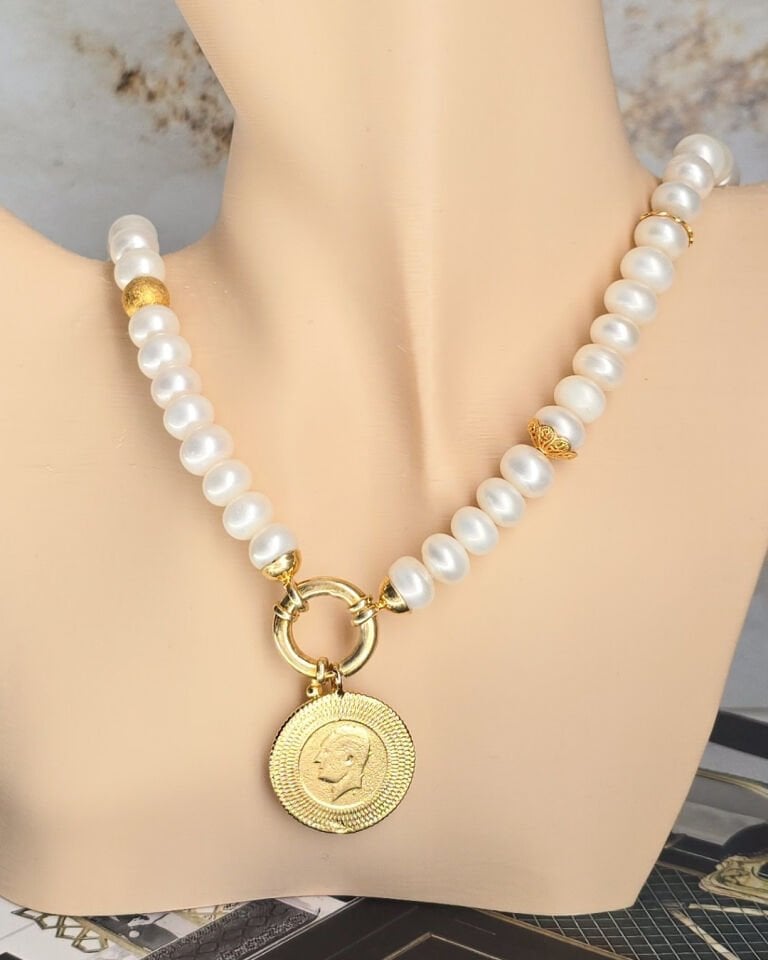 Majori Rondela İnci Doğal Taş Tasarım Kolye (925 Ayar Gümüş Üzeri 14K Altın Kaplama)