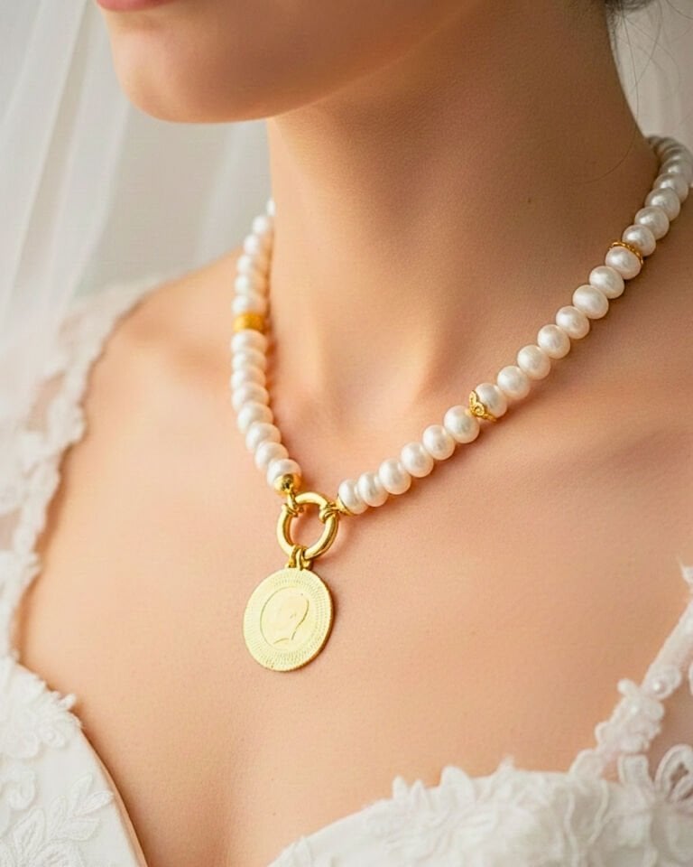 Majori Rondela İnci Doğal Taş Tasarım Kolye (925 Ayar Gümüş Üzeri 14K Altın Kaplama)