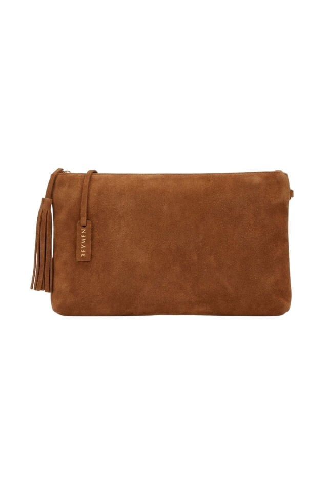 BEYMN Kadın Süet Portföy Clutch Çanta - Taba