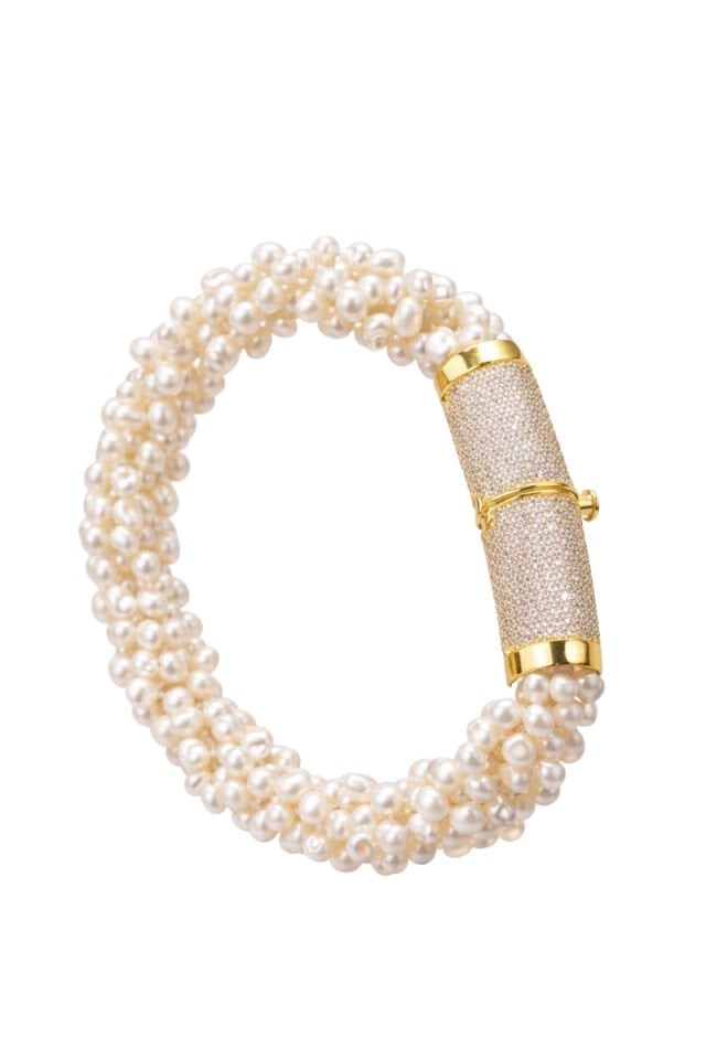 Majori Hakiki Kum İnci Doğal Taş Tasarım Kelepçe Bileklik (925 Ayar Gümüş Üzeri 14K Altın Kaplama)
