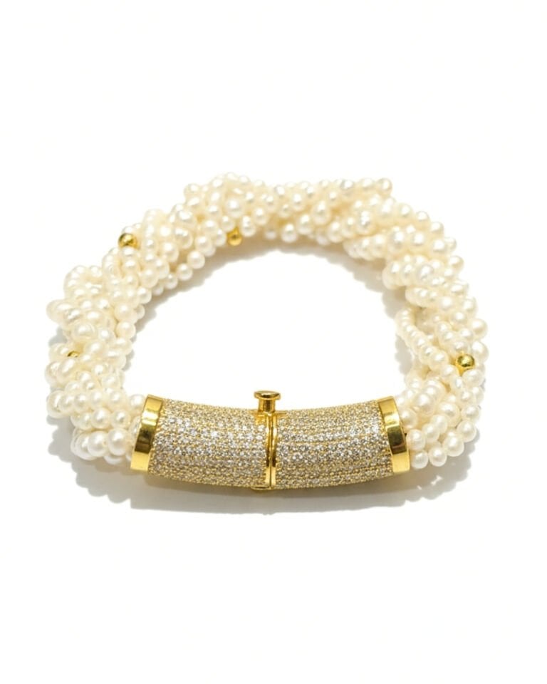 Majori Hakiki Kum İnci Doğal Taş Tasarım Kelepçe Bileklik (925 Ayar Gümüş Üzeri 14K Altın Kaplama)