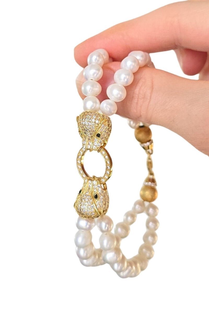 Majori Çift Sıra İnci & Panter Başlı Tasarım Kelepçe Bileklik (925 Ayar Gümüş Üzeri 14K Altın Kaplama)