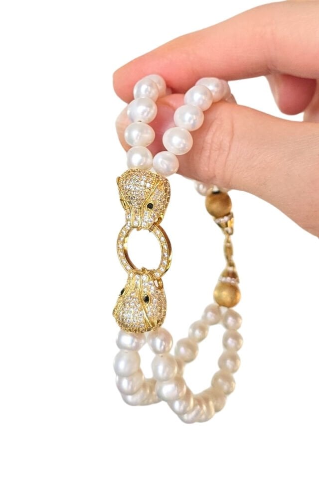 Majori Çift Sıra İnci & Panter Başlı Tasarım Kelepçe Bileklik (925 Ayar Gümüş Üzeri 14K Altın Kaplama)
