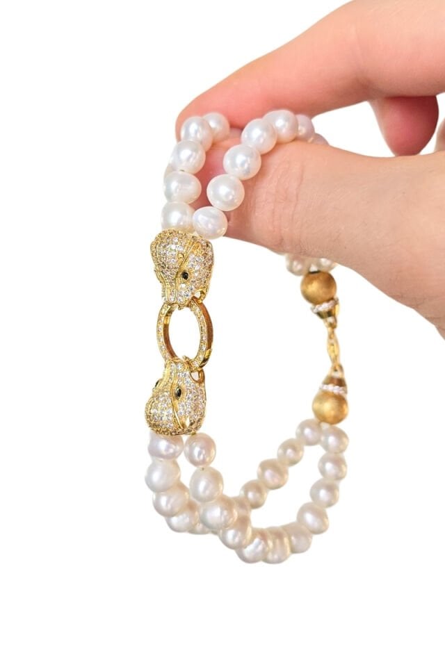 Majori Çift Sıra İnci & Panter Başlı Tasarım Kelepçe Bileklik (925 Ayar Gümüş Üzeri 14K Altın Kaplama)