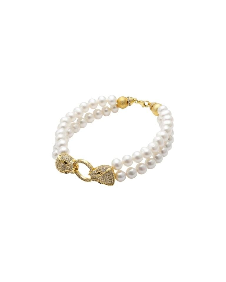 Majori Çift Sıra İnci & Panter Başlı Tasarım Kelepçe Bileklik (925 Ayar Gümüş Üzeri 14K Altın Kaplama)