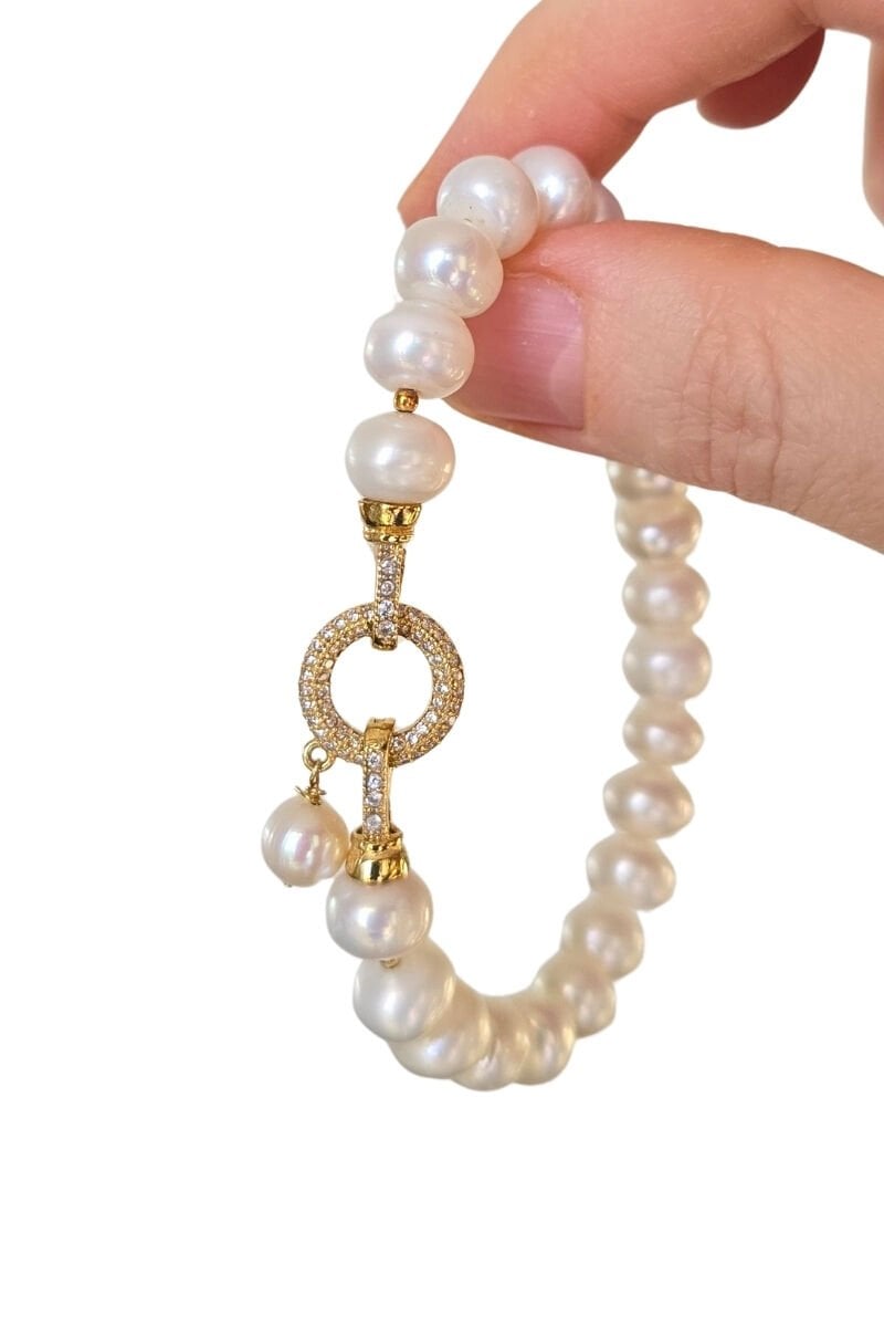 Majori Gerçek İnci Doğal Taş Tasarım Bileklik-11 (925 Ayar Gümüş Üzeri 14K Altın Kaplama)