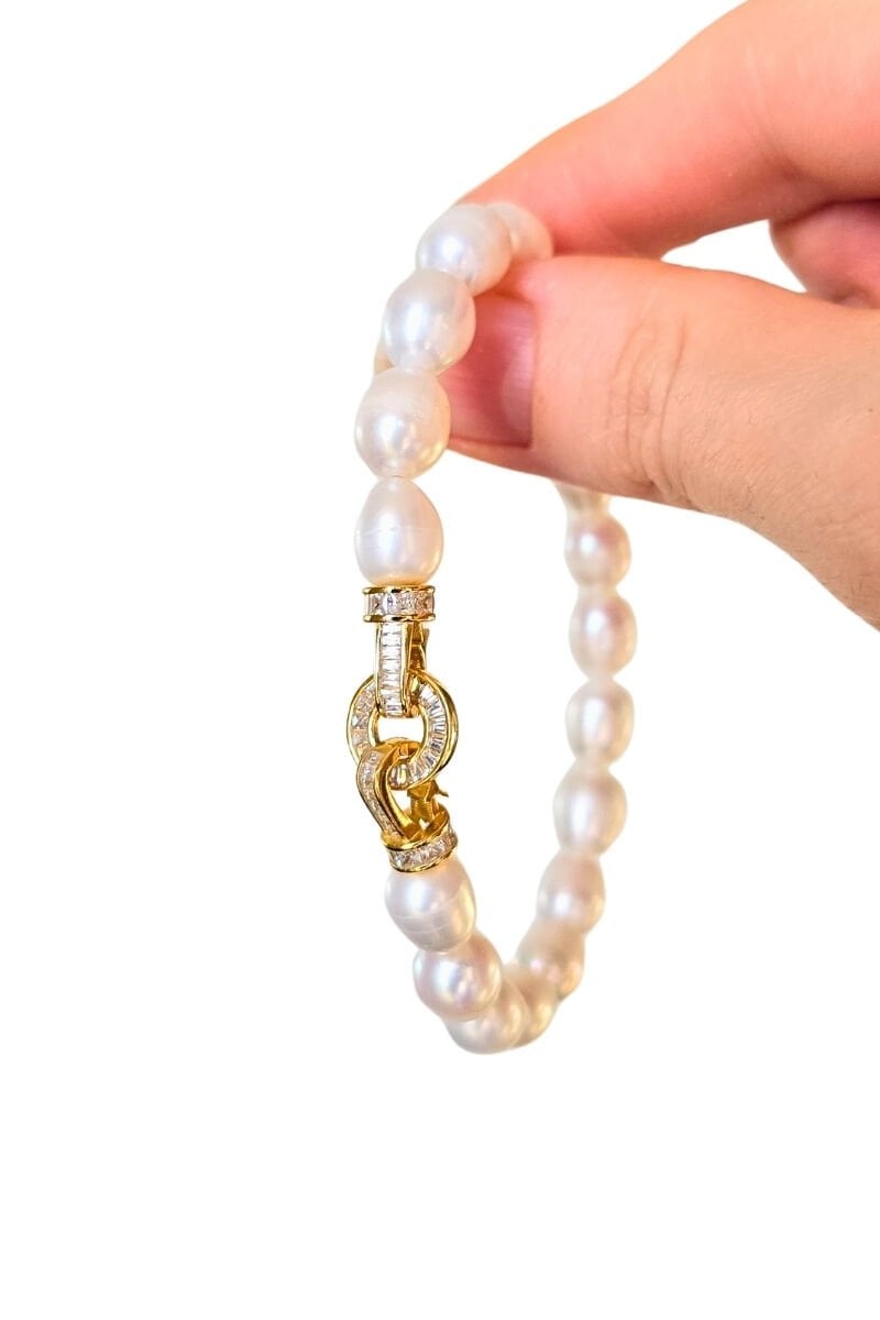 Majori Gerçek İnci Doğal Taş Tasarım Bileklik-12 (925 Ayar Gümüş Üzeri 14K Altın Kaplama)