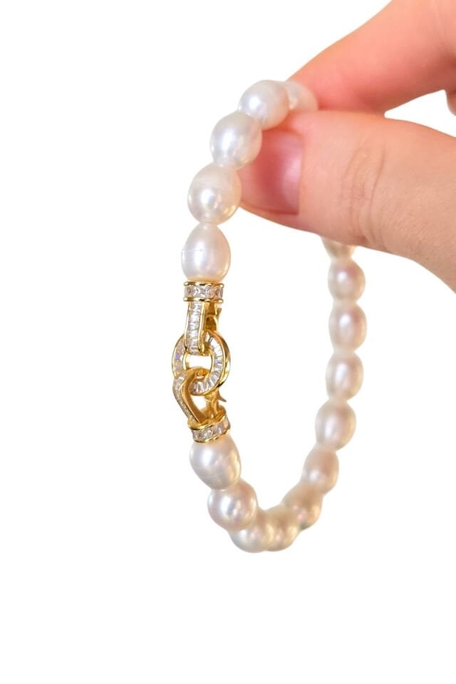 Majori Gerçek İnci Doğal Taş Tasarım Bileklik-12 (925 Ayar Gümüş Üzeri 14K Altın Kaplama)