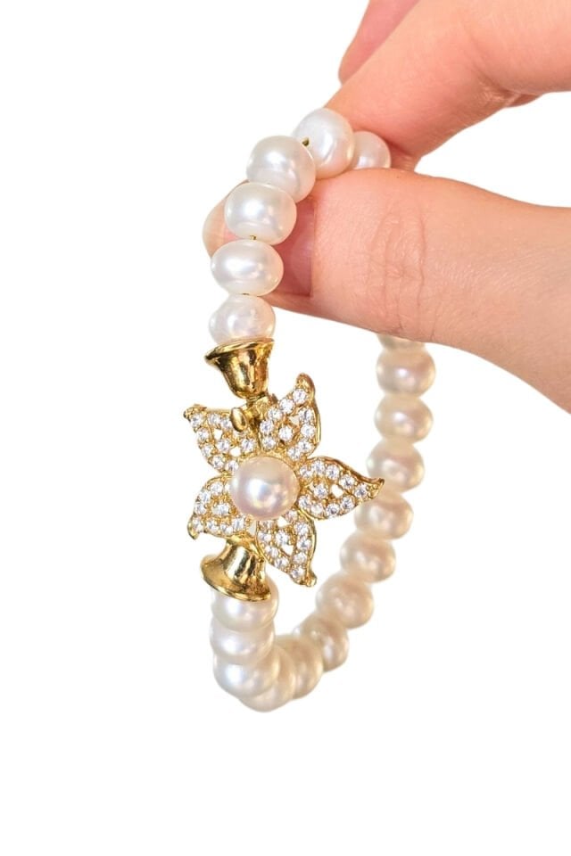 Majori Gerçek İnci Doğal Taş Tasarım Bileklik-13 (925 Ayar Gümüş Üzeri 14K Altın Kaplama)