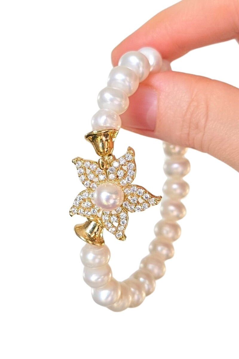 Majori Gerçek İnci Doğal Taş Tasarım Bileklik-13 (925 Ayar Gümüş Üzeri 14K Altın Kaplama)