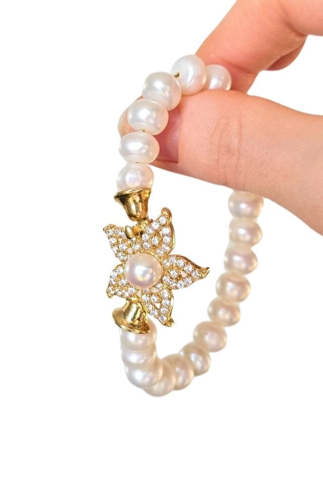 Majori Gerçek İnci Doğal Taş Tasarım Bileklik-13 (925 Ayar Gümüş Üzeri 14K Altın Kaplama)