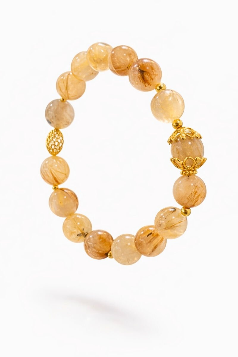 Dora Rutilli Kuvars Doğal Taş Tasarım Bileklik-10mm (925 Ayar Gümüş Üzeri 14K Altın Kaplama)