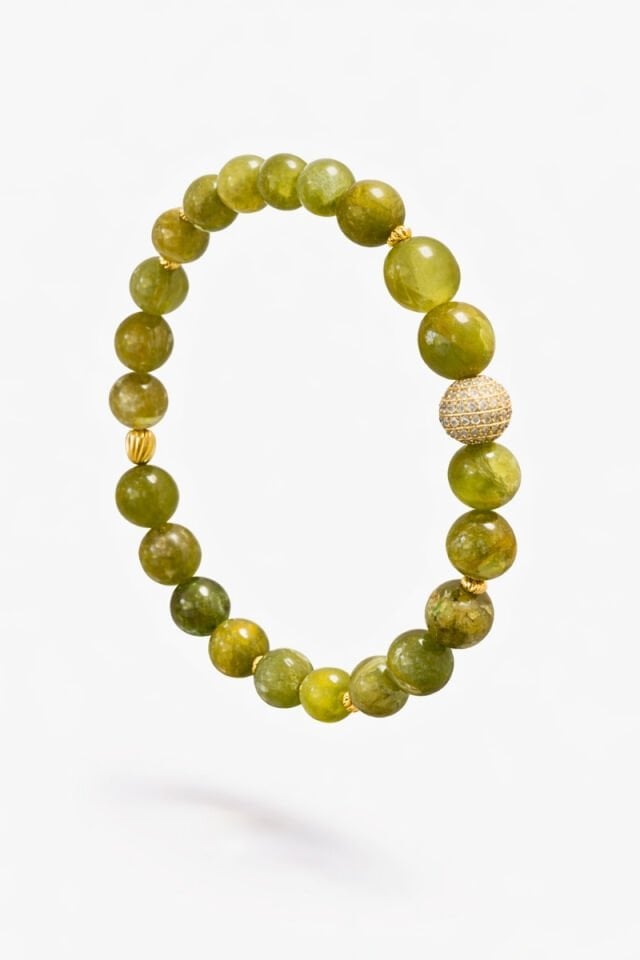 Meva Zeberced/Peridot Doğal Taş Tasarım Bileklik-8mm (925 Ayar Gümüş Üzeri 14K Altın Kaplama)