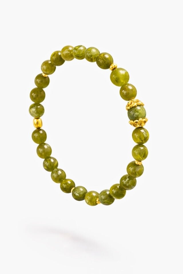 Meva Zeberced/Peridot Doğal Taş Tasarım Bileklik-6mm (925 Ayar Gümüş Üzeri 14K Altın Kaplama)