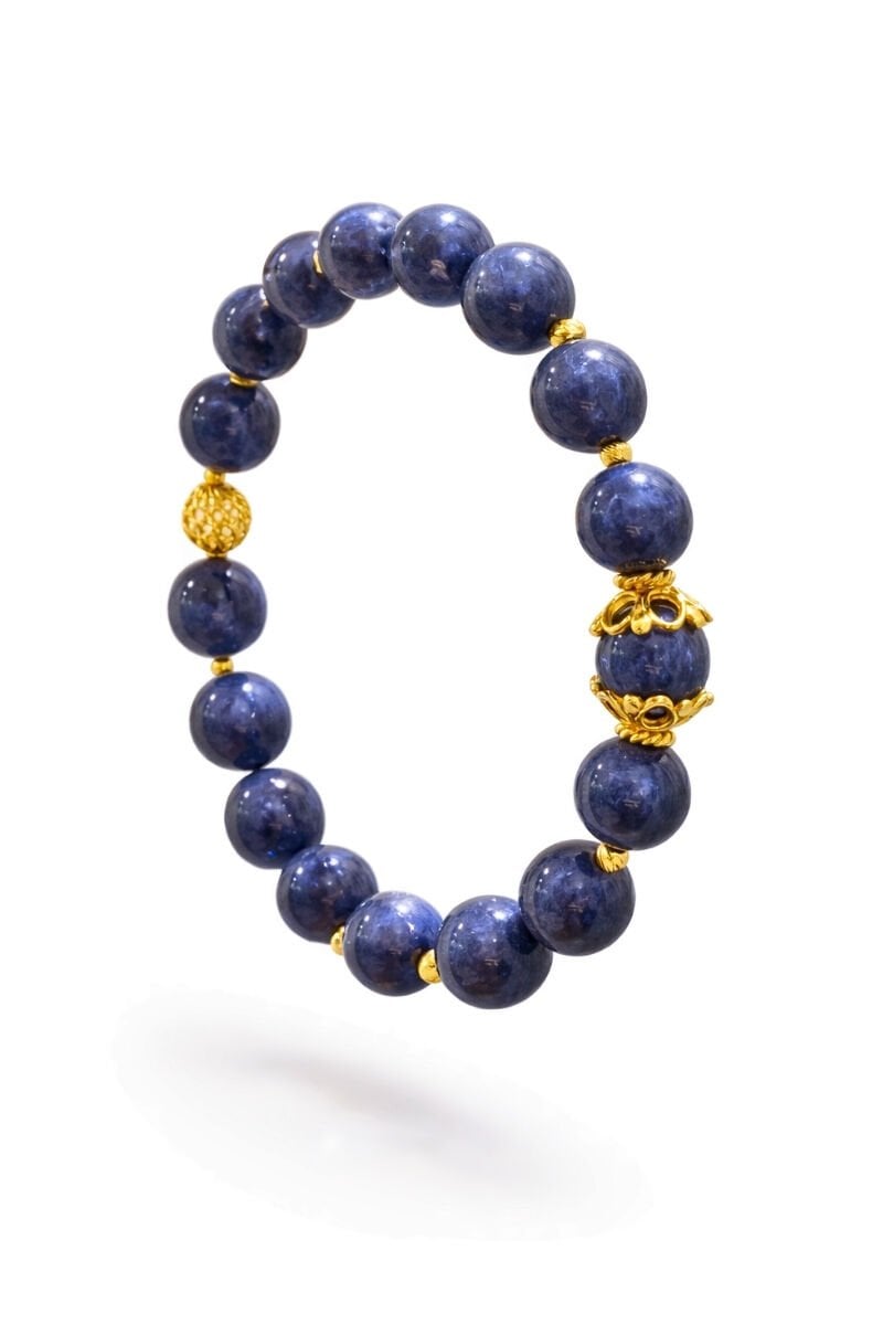 Hevin Mavi Safir Doğal Taş Tasarım Bileklik-10mm (925 Ayar Gümüş Üzeri 14K Altın Kaplama)