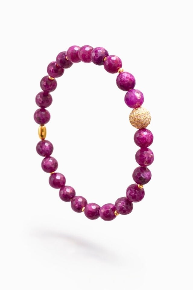 Ece Yakut Doğal Taş Tasarım Bileklik-8mm (925 Ayar Gümüş Üzeri 14K Altın Kaplama)