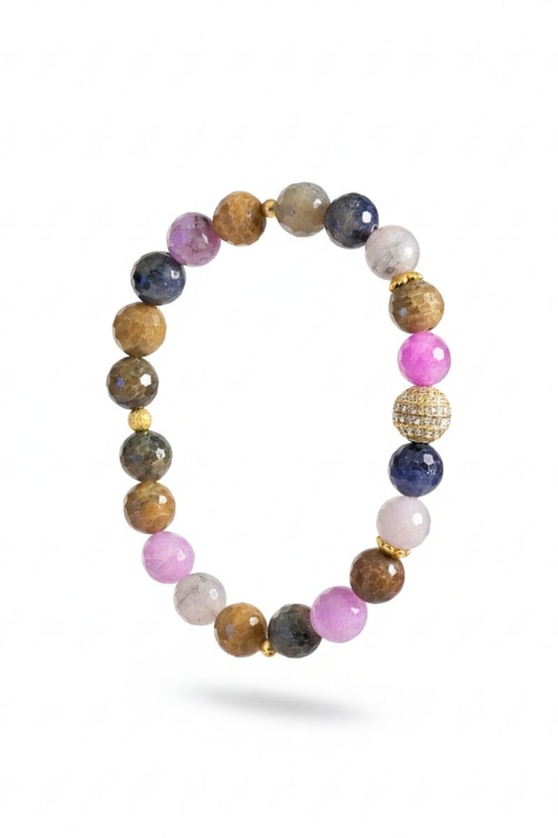 Hevin Safir Doğal Taş Tasarım Bileklik-8mm (925 Ayar Gümüş Üzeri 14K Altın Kaplama)