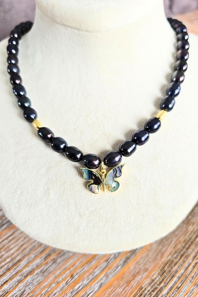 Majori Siyah İnci Doğal Taş Tasarım Kolye (925 Ayar Gümüş Üzeri 14K Altın Kaplama)