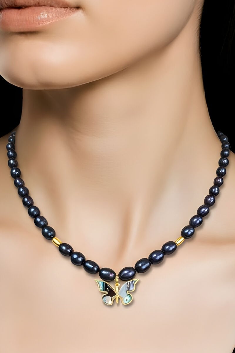 Majori Siyah İnci Doğal Taş Tasarım Kolye (925 Ayar Gümüş Üzeri 14K Altın Kaplama)