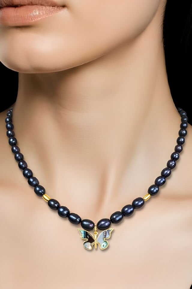 Majori Siyah İnci Doğal Taş Tasarım Kolye (925 Ayar Gümüş Üzeri 14K Altın Kaplama)