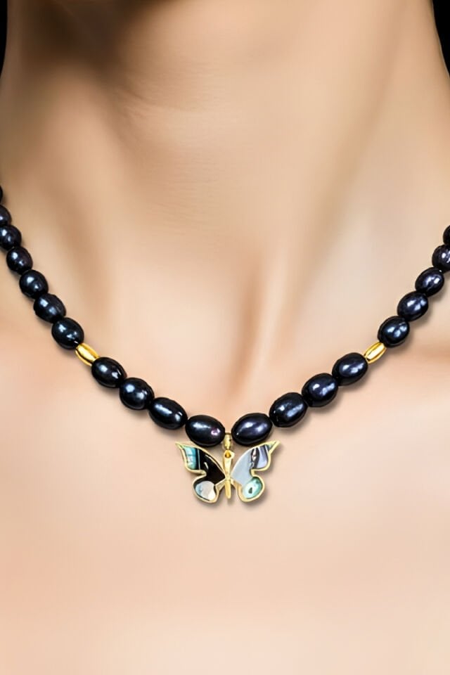 Majori Siyah İnci Doğal Taş Tasarım Kolye (925 Ayar Gümüş Üzeri 14K Altın Kaplama)