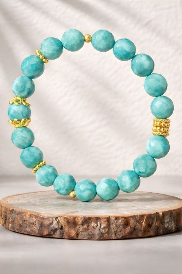 Valerie Amazonit Doğal Taş Tasarım Bileklik-8mm (925 Ayar Gümüş Üzeri 14K Altın Kaplama)